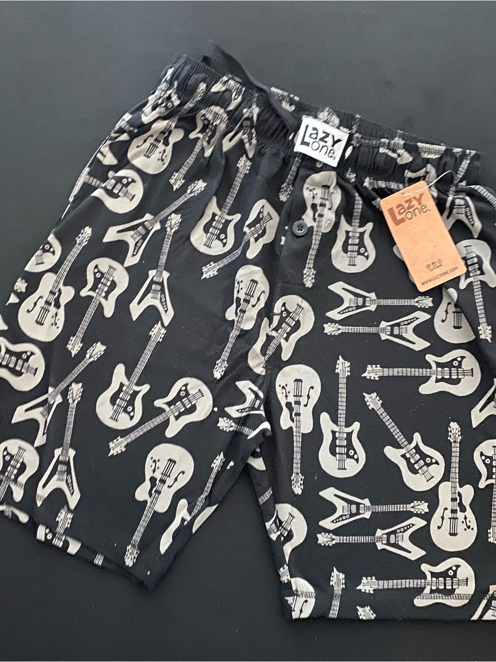 Lazy One Men's Black Shorts with White Guitar Print